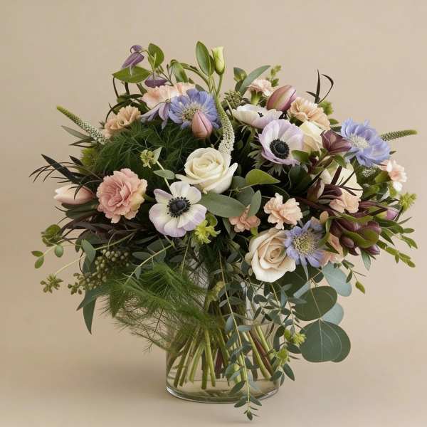 Loose pastel bouquet of roses, anemones, and carnations in a clear glass vase