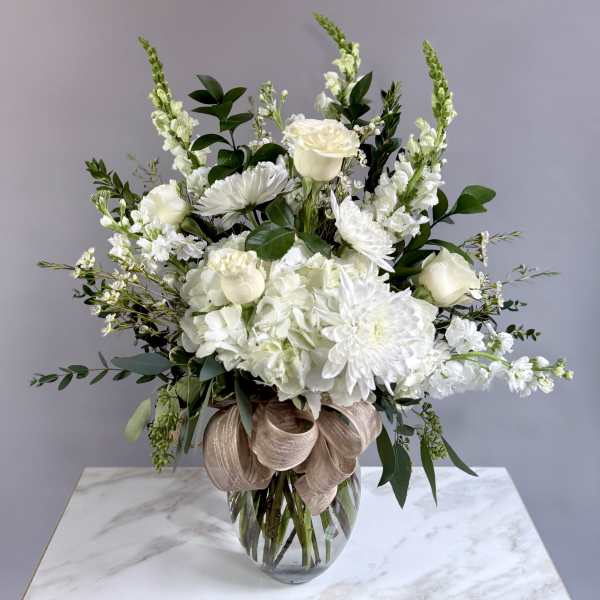 All white classic vase arrangement