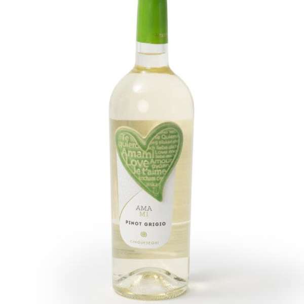 Bottle of white wine with green cap and heart label on a white background