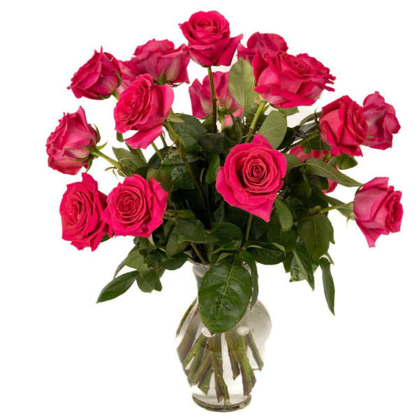 Bouquet of bright pink roses arranged in a clear glass vase