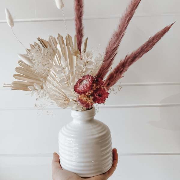 Dried Flower Arrangement in White Ceramic Vase