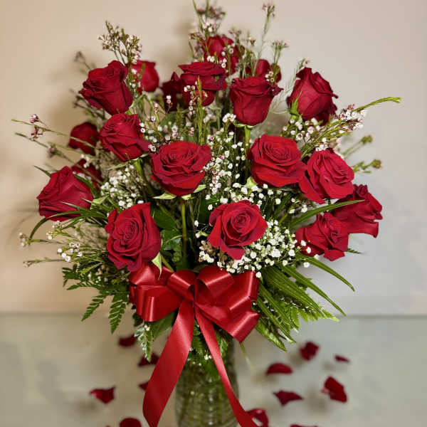 Two Dozen Long Stemmed Red Roses with Baby's Breath