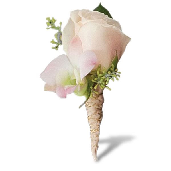 Ivory rose boutonniere with pale pink accent flower and wrapped stem