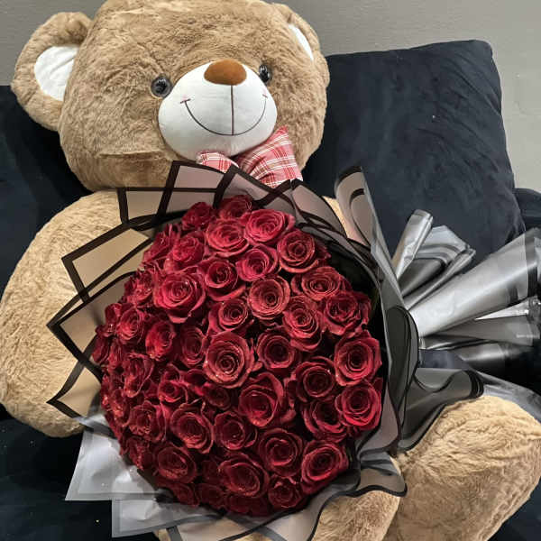Oso de peluche + 50 rosas rosas brillantes