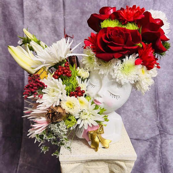 Lovely Lady in Holiday Hat with Bouquet