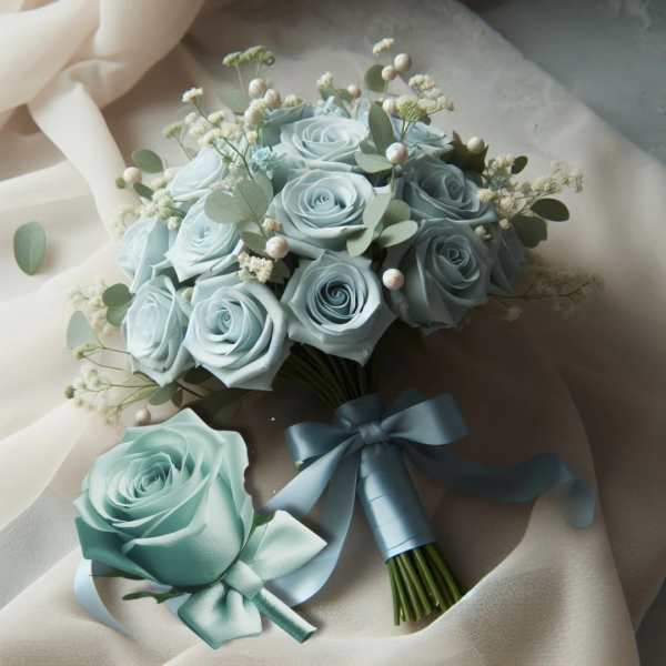 Sky Blue Bridal Bouquet and Boutonniere Package