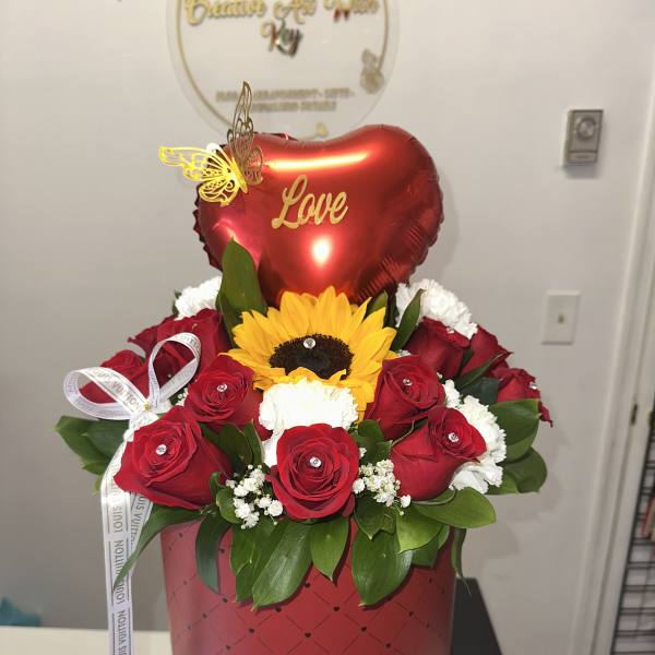 tall box with roses, carnations, sunflower, balloon