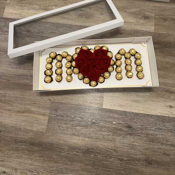 M️M box with artificial roses and Ferrero Rocher chocolates