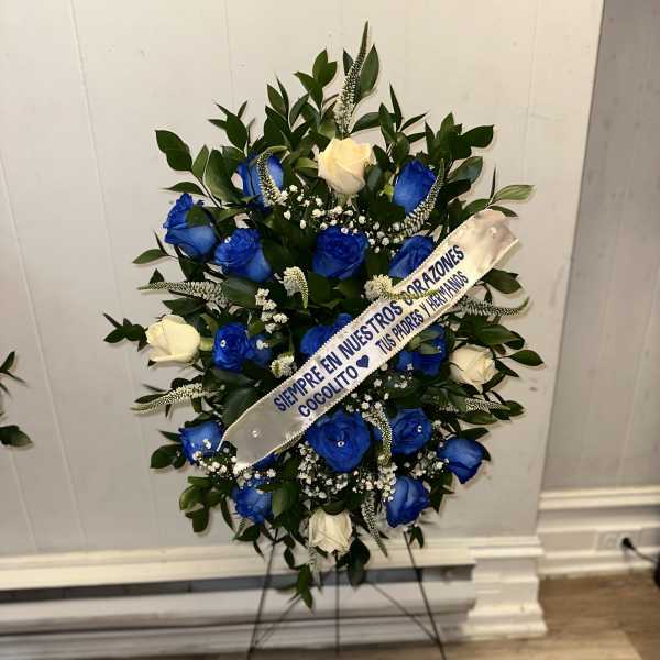 BLUE AND WHITE FUNERAL ARRANGEMENT