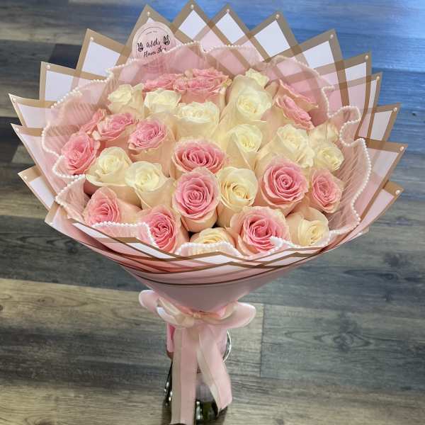 25 Roses White And Pink With Glitter