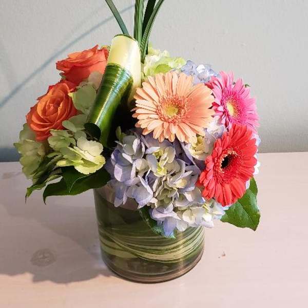 Compact arrangement of bright gerbera daisies, roses, and hydrangeas in a short glass vase with tall looping grass.