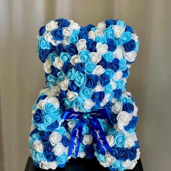 Faux Blues and White Rose Teddy Bear
