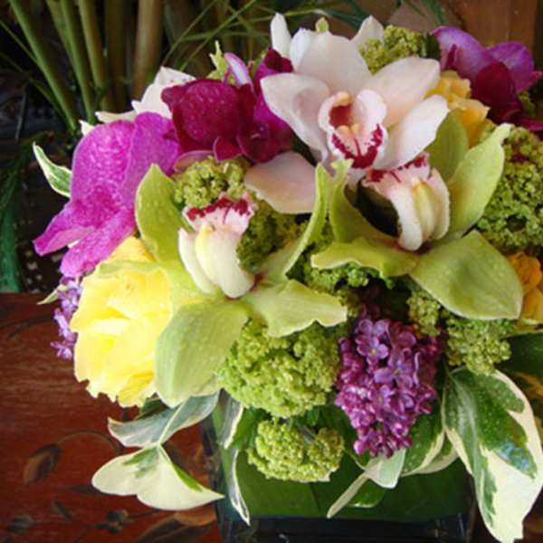 Cymbidium orchids, hydrangea and lilac in a square glass vase.