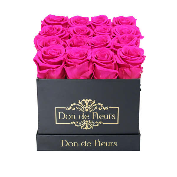 Small Square Preserved Rose Box-Black Classic Box-Hot Pink