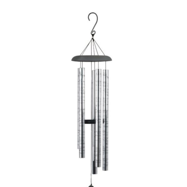 Silver metal wind chime with black top and cross motif sail on white background