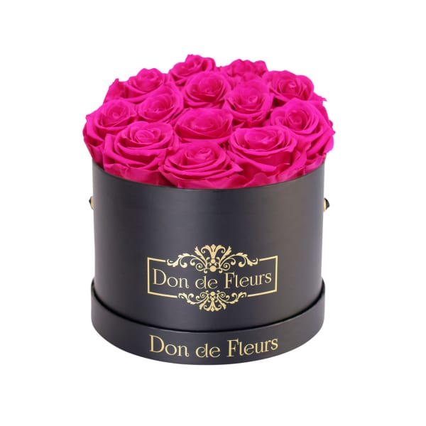Small Round Preserved Rose Box-Black Classic Box-Hot Pink