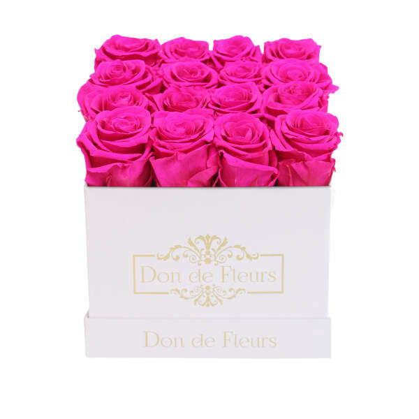 Small Square Preserved Rose Box-White Classic Box-Hot Pink