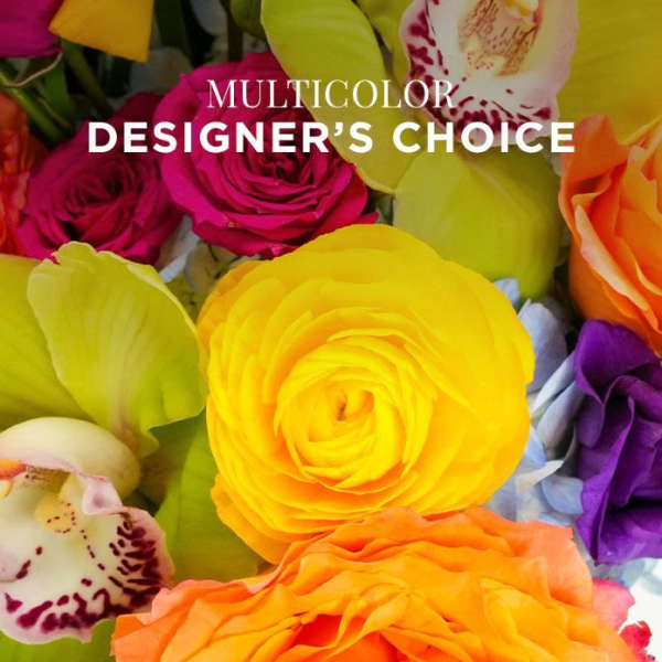 Close-up of a multicolored bouquet with yellow and orange roses, purple roses, and orchids.