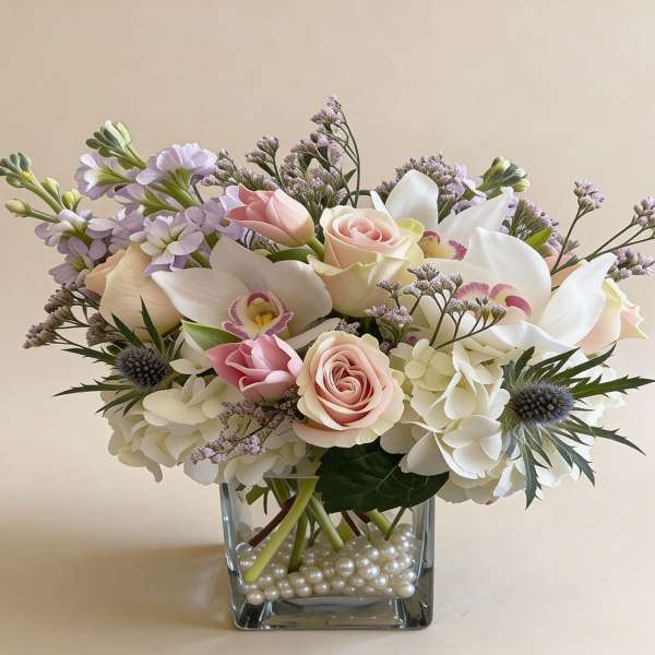 Pastel arrangement of roses, orchids, hydrangeas and stock in a square glass vase with pearl accents