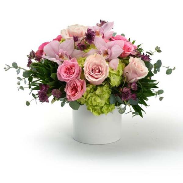 Low arrangement of pink roses, orchids, and green hydrangeas in a white cylinder vase