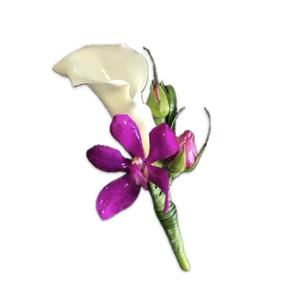 Wedding boutonniere with white calla lily, purple orchid, and pink rosebud on a wrapped green stem