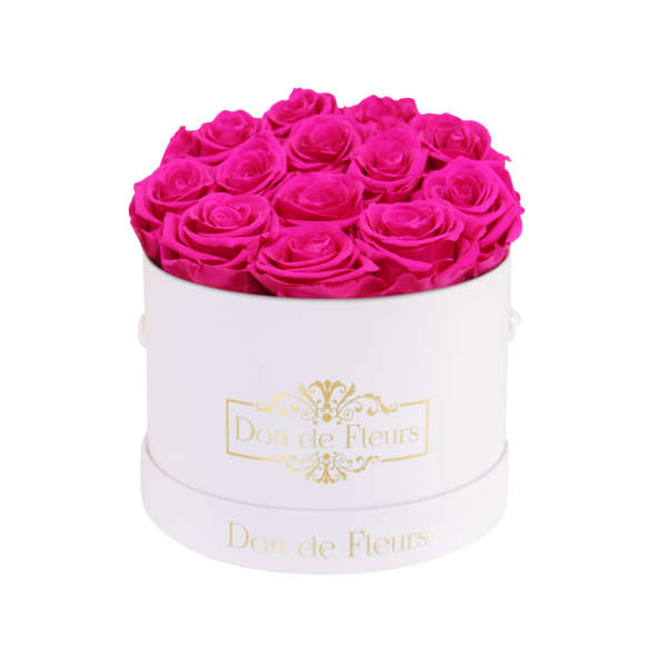 Small Round Preserved Rose Box-White Classic Box-Hot Pink