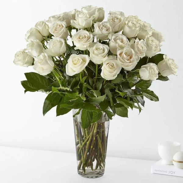 50 White Roses in Vase
