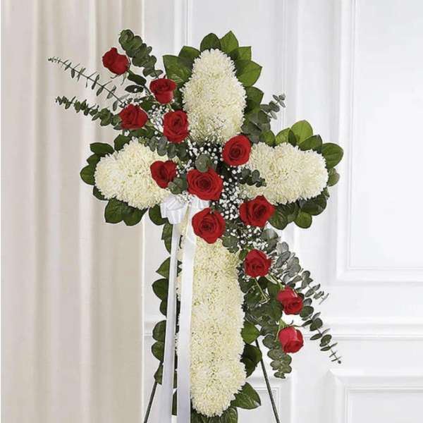 Red & White Standing Cross With Red Rose Break