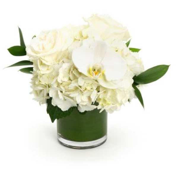 Low white rose, hydrangea, and orchid arrangement in a clear glass cylinder vase.