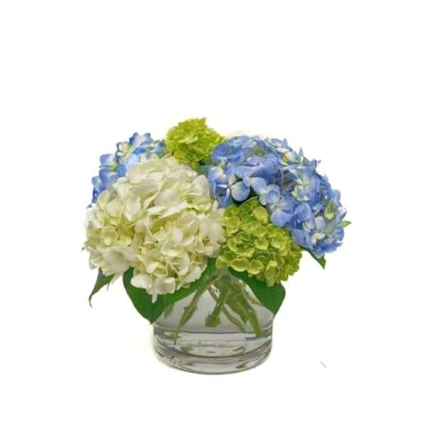 Compact white, blue, and green hydrangea-style arrangement in a low clear glass vase