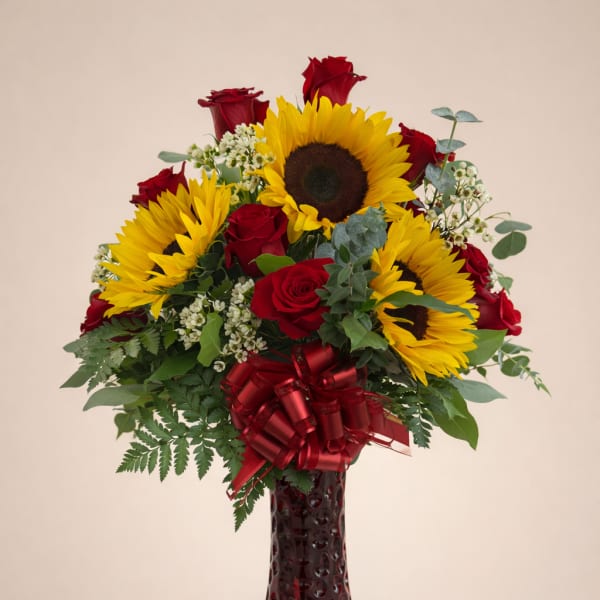 Tall arrangement of yellow sunflowers and red roses in a red glass vase with a red bow.