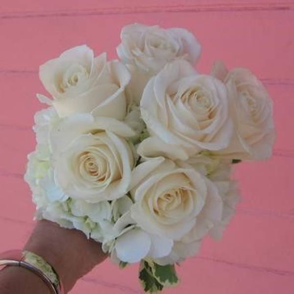 A half dozen roses threaded through a single hydrangea.