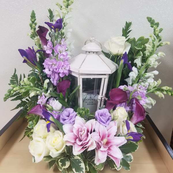 Lavender & White Flowers around Lantern