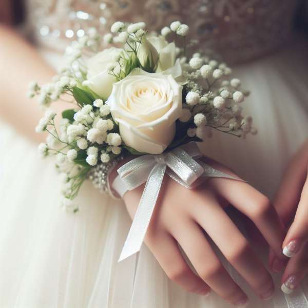 Traditional White Rose Wrist Corsage and Boutonniere Set