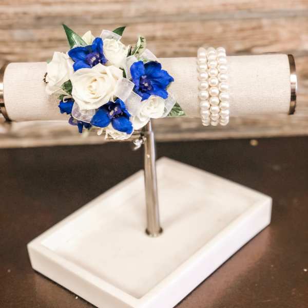 White Spray Rose and Blue Delphinium Corsage with Upgraded Wristlet