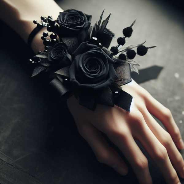 Elegant Black Rose Wrist Corsage and Boutonniere Set