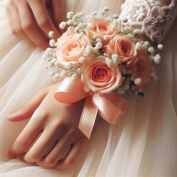 Peach Blossom Wrist Corsage and Boutonniere Set