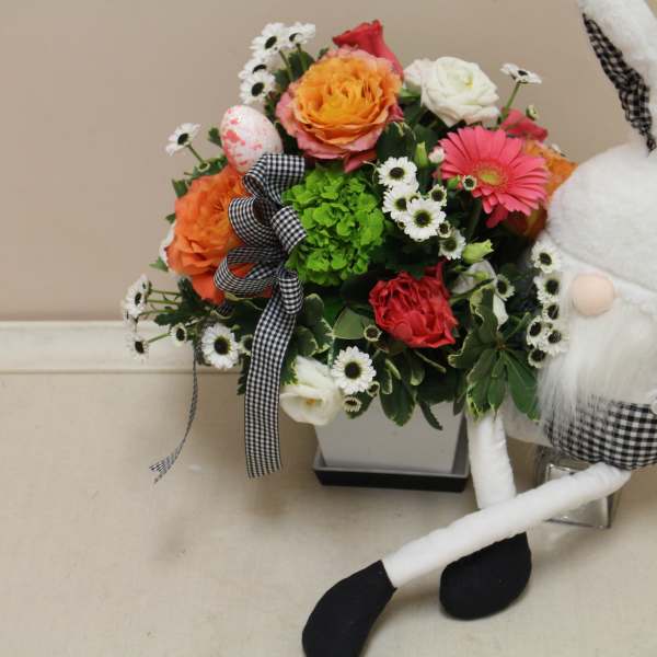 black and white gingham bunny gnome arrangement