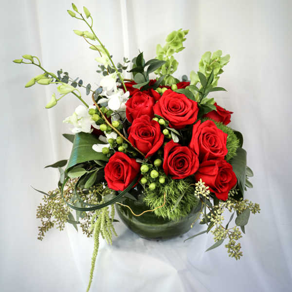 Bowl of Roses and Orchids