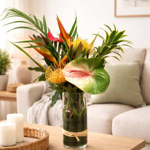 Tall tropical flower arrangement with protea and anthurium in a clear glass vase on a coffee table