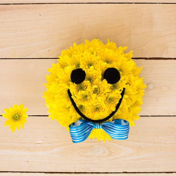 Round yellow mum arrangement shaped like a smiley face with black features and a blue striped bow.