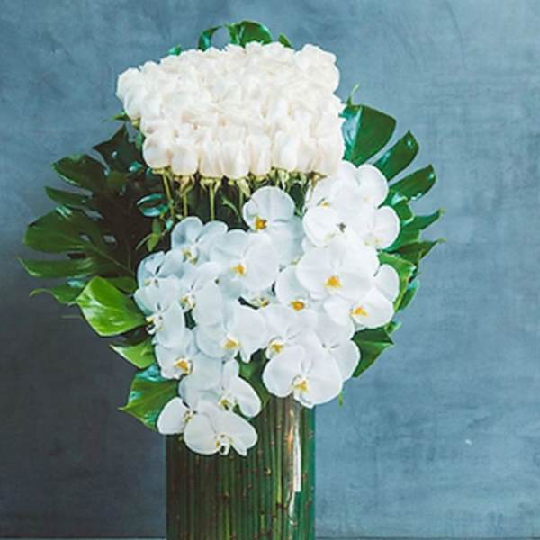 Tall modern arrangement of white roses and orchids in a glass cylinder vase with large tropical leaves.