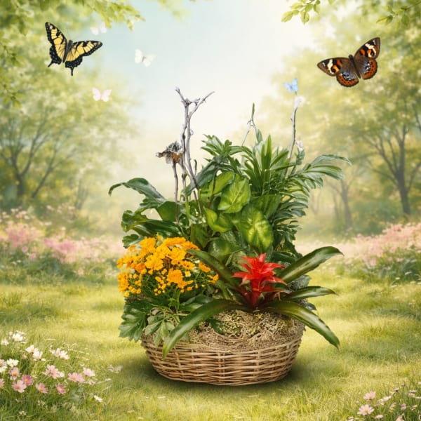 Wicker basket garden with mixed green plants, yellow flowers, and a red tropical bloom on a grassy meadow backdrop.
