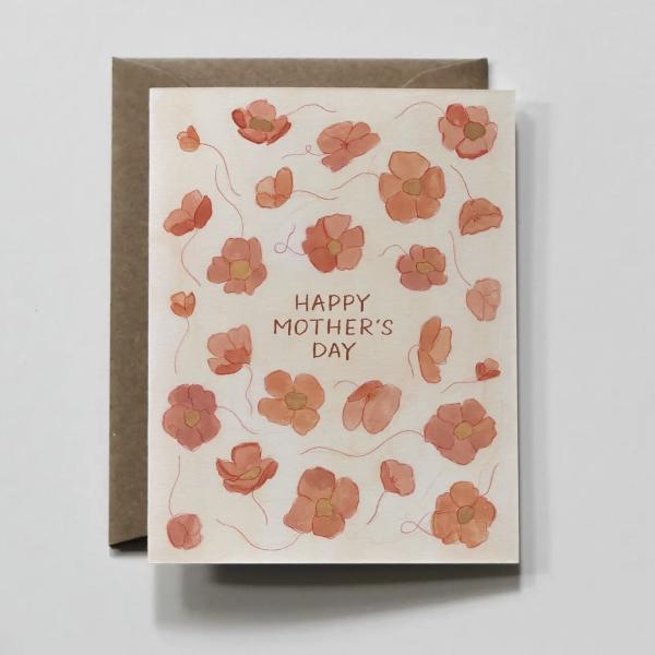 Mother's Day greeting card with peach flowers and brown envelope