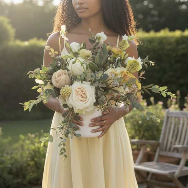 Woman in a yellow dress holding a cream and peach rose arrangement in a white vase outdoors