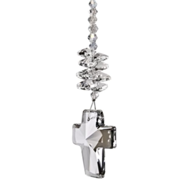 Hanging faceted crystal cross ornament with stacked crystal beads on a clear string