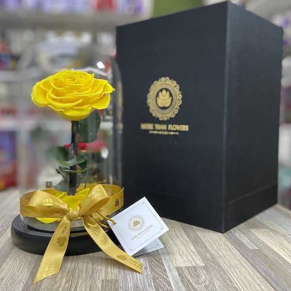 Single yellow rose under a glass dome with gold ribbon on black base beside a tall black gift box