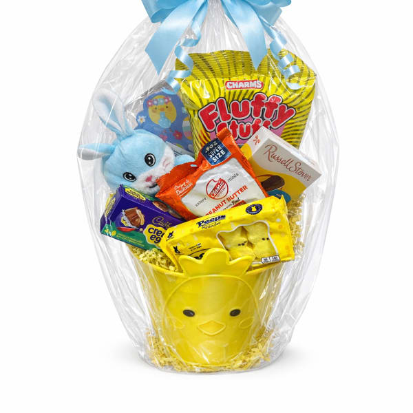 Easter-themed yellow chick bucket gift set with candies and a blue plush bunny wrapped in cellophane with blue bow