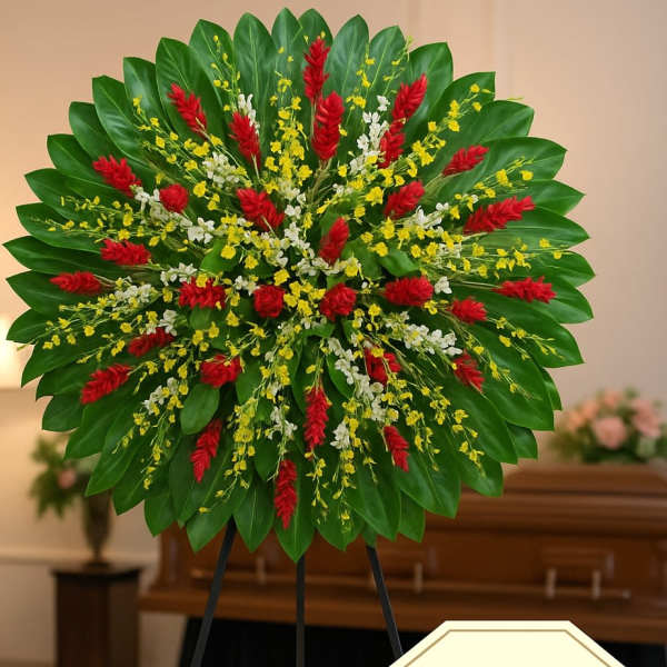 Large circular standing spray with red tropical flowers and yellow and white blooms on a green leaf backdrop