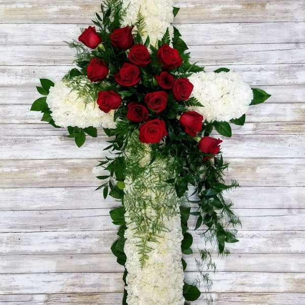 White Cross with Red Roses